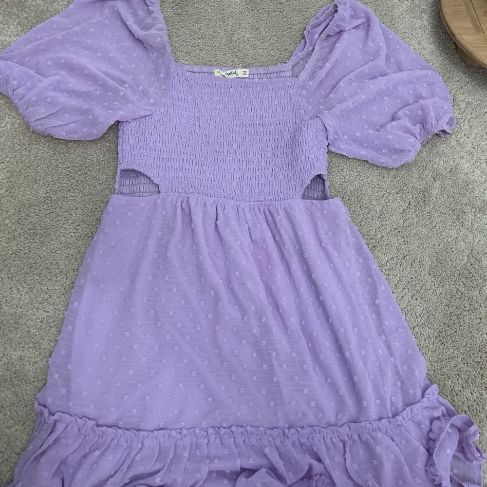 Purple Smocked Puff Sleeve Mini Dress for Wedding Guest